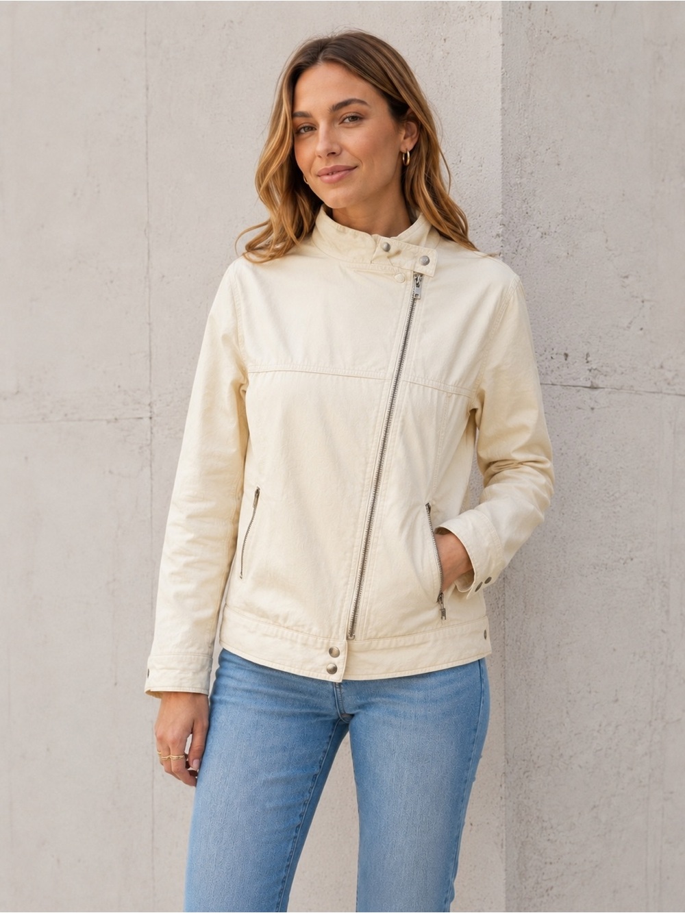 BDG Urban Outfitters Cream Moto Jacket Small Cotton Y2K Streetwear edgy denim